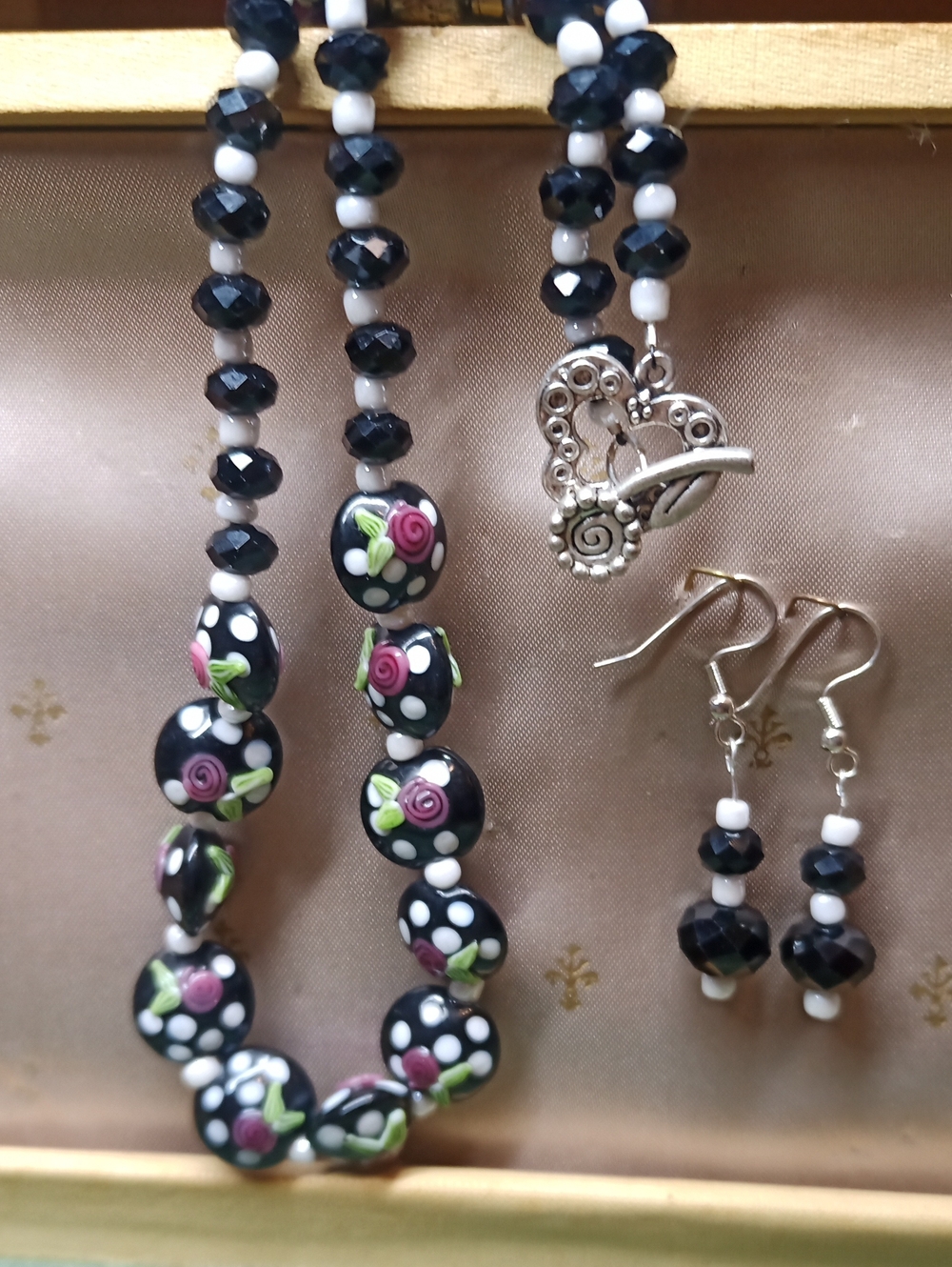 Handcrafted Black Floral Art Glass Bead And Crystal Necklace & Earring Set